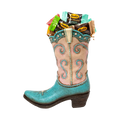 Turquoise ceramic cowboy boot with inlaid scroll pattern filled with assorted Bedré chocolate melts