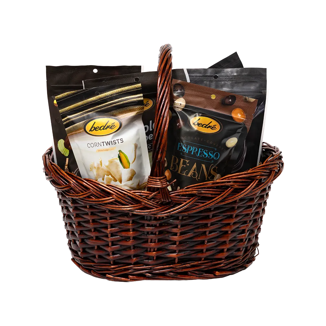 Bedré Chocolate Decadence gift basket with chocolate-covered espresso beans, pecan sensations, and assorted chocolate treats
