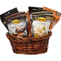 Bedré Executive Delight gift basket with dark chocolate sauce, chocolate melts, and assorted gourmet snacks