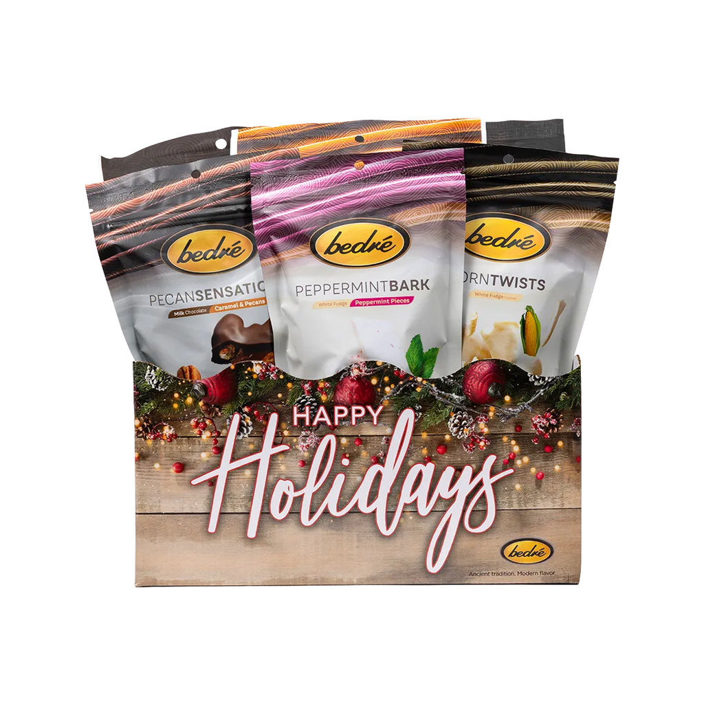 Bedré Fine Chocolate Happy Holidays Garland Gift Box, large, with Pecan Sensations, Peppermint Bark, and Corn Twists pouches