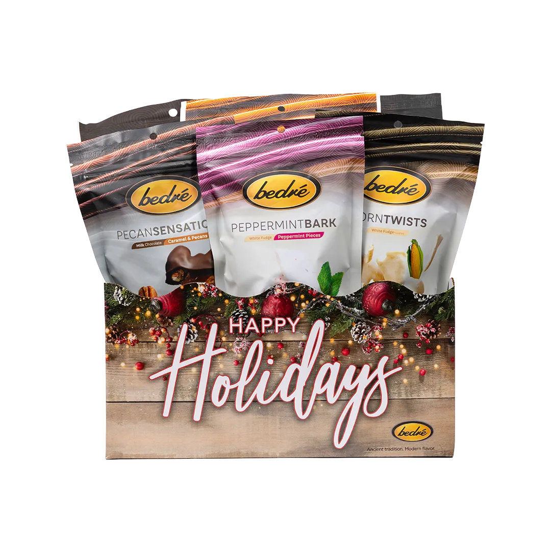 Bedré Fine Chocolate Happy Holidays Garland Gift Box, large, with Pecan Sensations, Peppermint Bark, and Corn Twists pouches