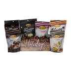 Bedré Fine Chocolate Happy Holidays Garland Gift Box fully styled with Milk and Dark Chocolate Dipped Potato Chips, Melts, Corn Twists, and Pecan Sensations