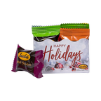 Bedré Fine Chocolate Happy Holidays Mini Gift Box with an individually-wrapped hot fudge meltaway chocolate piece in front