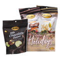 Bedré Fine Chocolate Happy Holidays Garland Gift Box styled with Milk Chocolate Dipped Potato Chips, Pecan Sensations, and Corn Twists