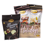 Bedré Fine Chocolate Happy Holidays Garland Gift Box styled with Milk Chocolate Dipped Potato Chips, Pecan Sensations, and Corn Twists