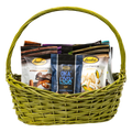 Large jewel-tone green gift basket with pecan sensations, coffee, and corn twists