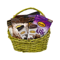 Small jewel-tone green gift basket with assorted Bedré chocolate bars and treats