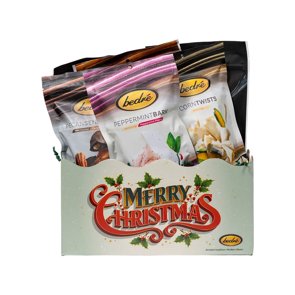 Bedré Fine Chocolate Merry Christmas Gift Box, large, retro sage-green design, with Pecan Sensations, Peppermint Bark, and Corn Twists pouches
