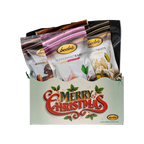 Bedré Fine Chocolate Merry Christmas Gift Box, large, retro sage-green design, with Pecan Sensations, Peppermint Bark, and Corn Twists pouches