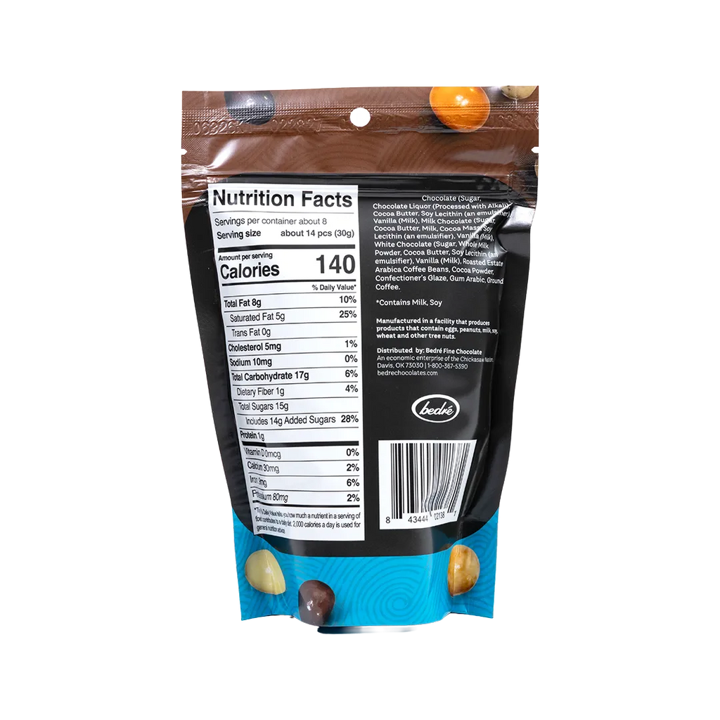 Back of Bedré Fine Chocolate Chocolate-Covered Espresso Beans bag with nutrition facts