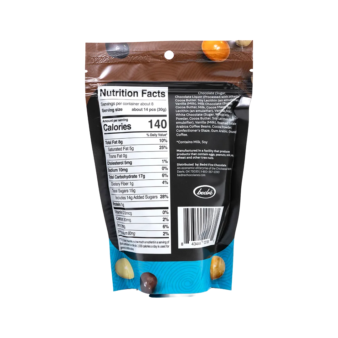 Back of Bedré Fine Chocolate Chocolate-Covered Espresso Beans bag with nutrition facts
