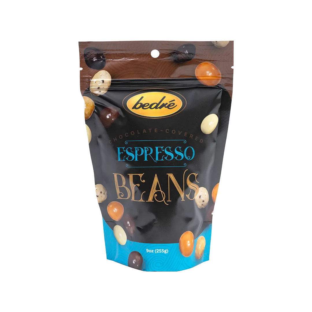 Bedré Fine Chocolate Chocolate-Covered Espresso Beans bag, front label