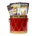 Bedré Fine Chocolate red and gold Christmas Drum tin (large), filled with Corn Twists, chocolate bars, and Pistachio Cranberry Bark pouches