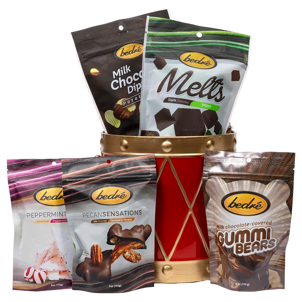 Bedré Fine Chocolate Christmas Drum tin (medium) with Melts Dark Chocolate Mint, Peppermint Bark, and Pecan Sensations pouches