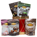 Bedré Fine Chocolate Christmas Drum tin (medium) with Melts Dark Chocolate Mint, Peppermint Bark, and Pecan Sensations pouches