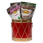 Bedré Fine Chocolate red and gold Christmas Drum tin (medium), filled with Pecan Sensations, Pistachio Cranberry Bark, and Milk Chocolate Dipped Potato Chips pouches