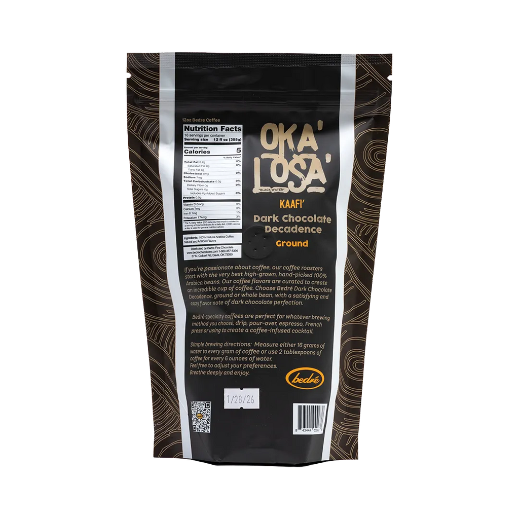 Bedré Fine Chocolate Dark Chocolate Decadence coffee bag back with nutrition facts