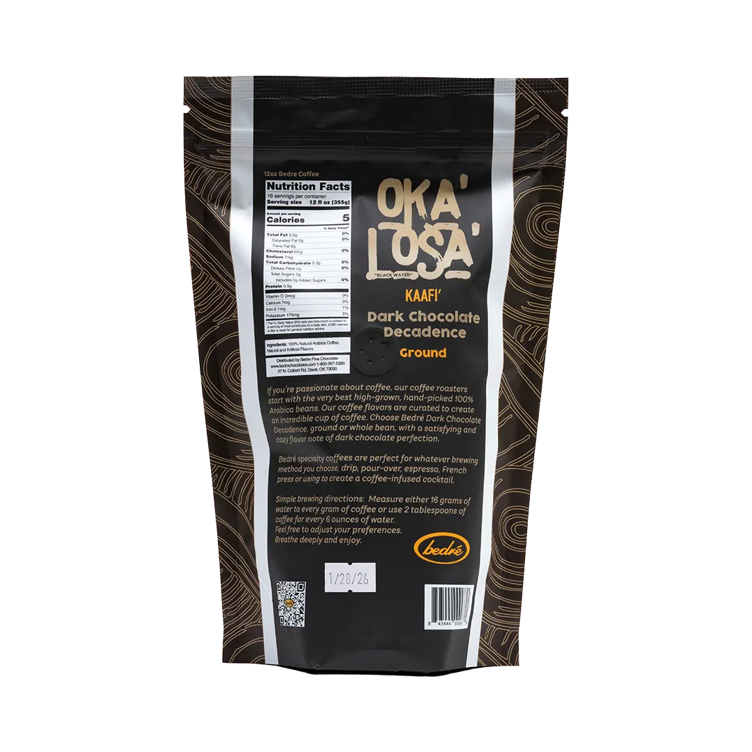 Bedré Fine Chocolate Dark Chocolate Decadence coffee bag back with nutrition facts