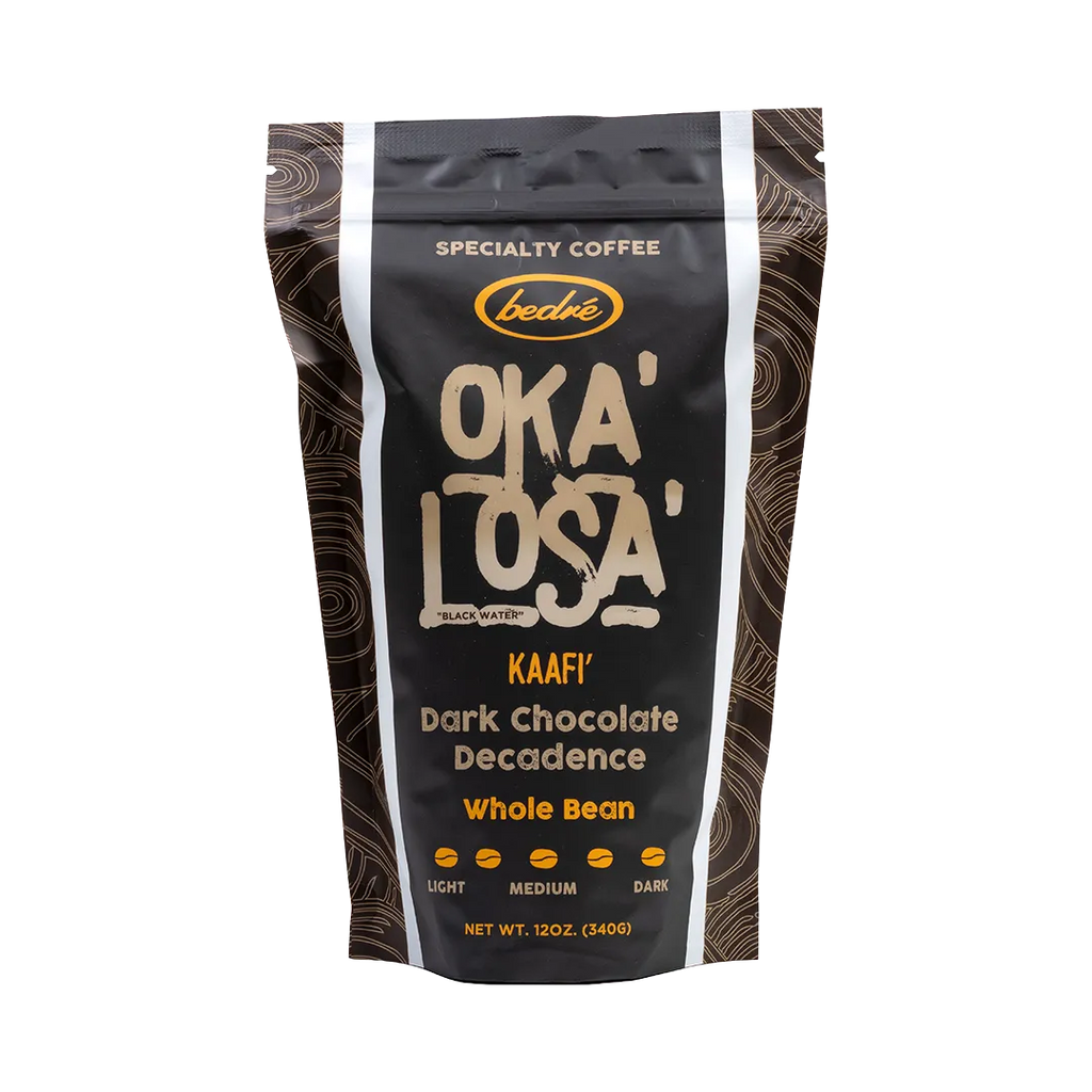 Bedré Fine Chocolate Oka'Losa Dark Chocolate Decadence whole bean coffee bag