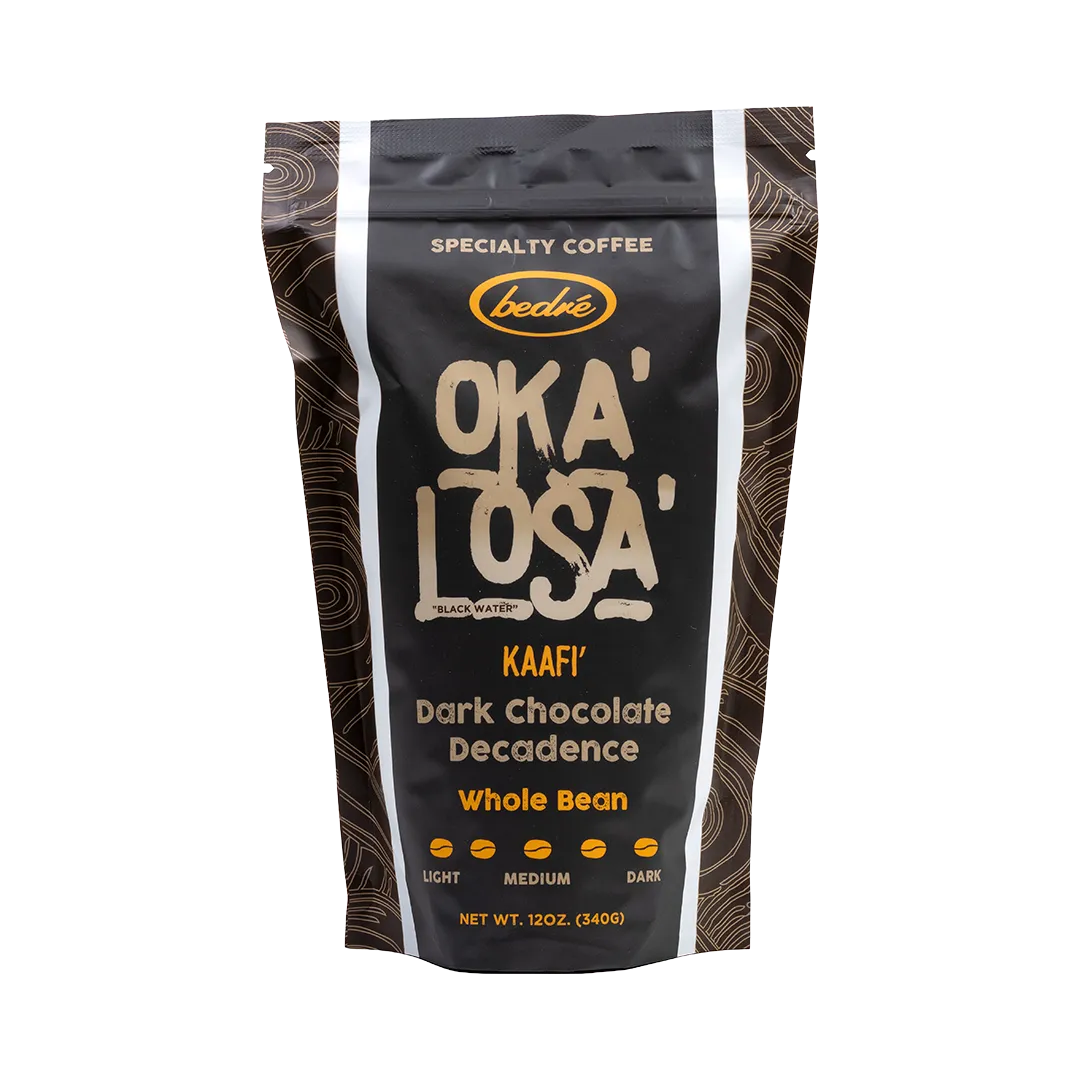 Bedré Fine Chocolate Oka'Losa Dark Chocolate Decadence whole bean coffee bag