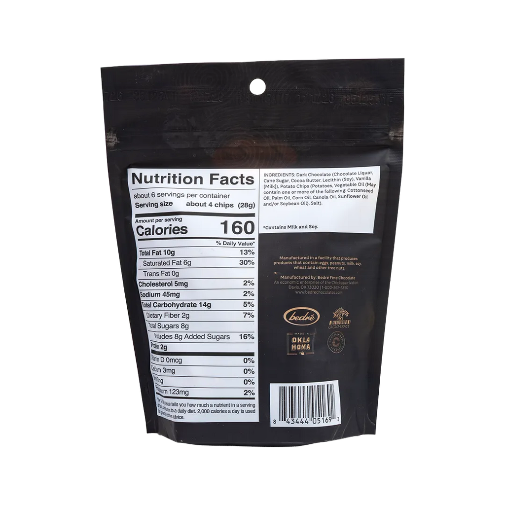 Back of Bedré Fine Chocolate Dark Chocolate-Dipped Potato Chips bag with nutrition facts