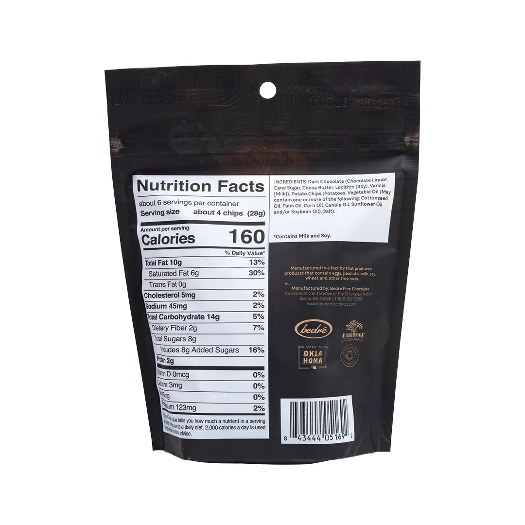 Back of Bedré Fine Chocolate Dark Chocolate-Dipped Potato Chips bag with nutrition facts