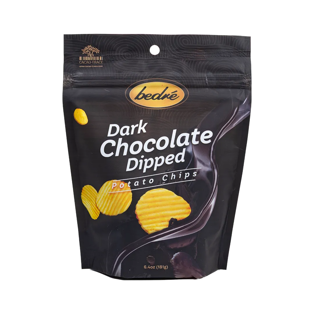 Bedré Fine Chocolate Dark Chocolate-Dipped Potato Chips pouch, front label