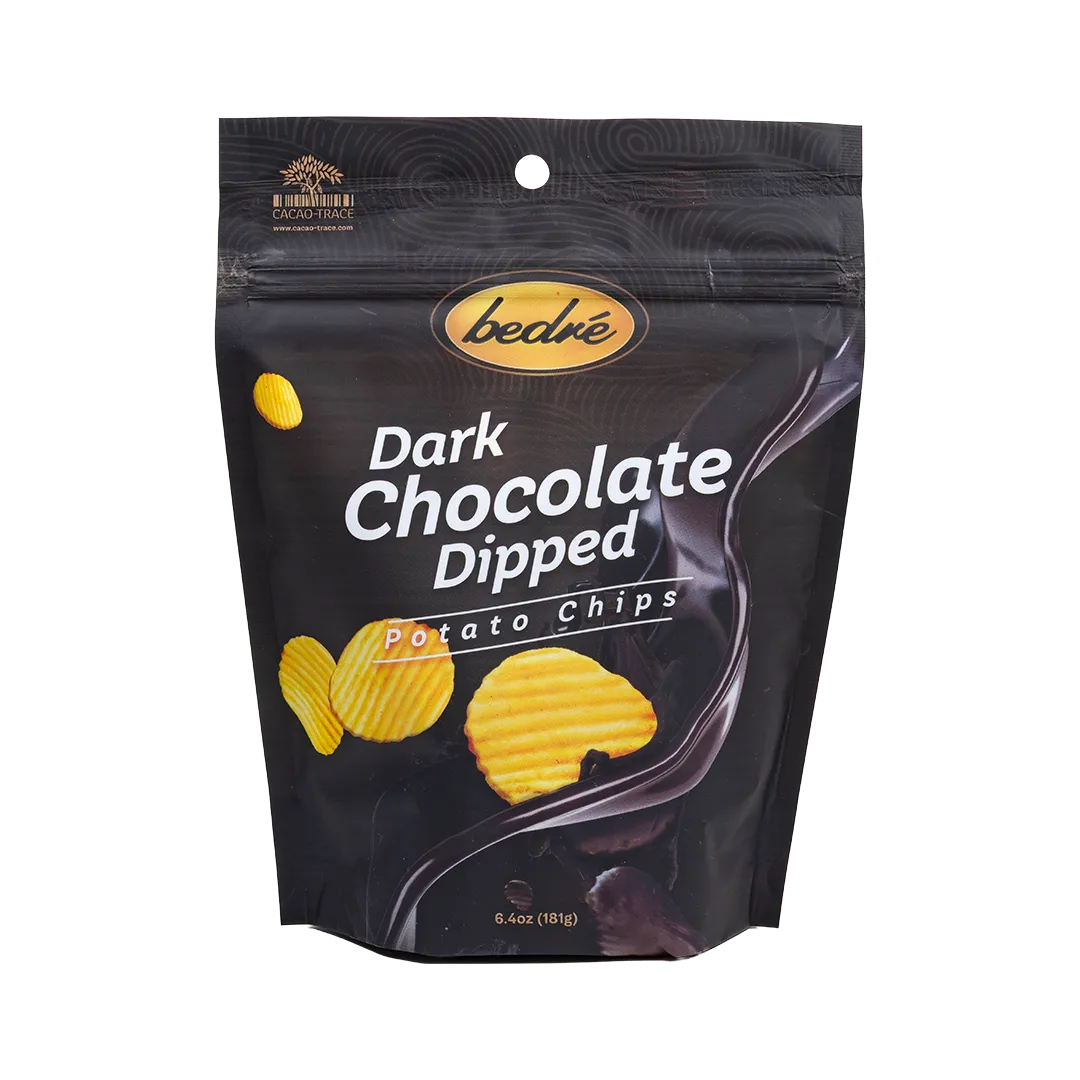 Bedré Fine Chocolate Dark Chocolate-Dipped Potato Chips pouch, front label