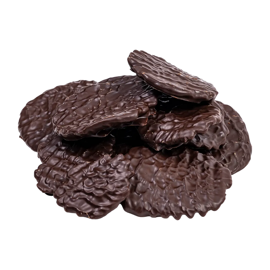 Bedré Fine Chocolate dark chocolate-dipped potato chips piled out of the bag