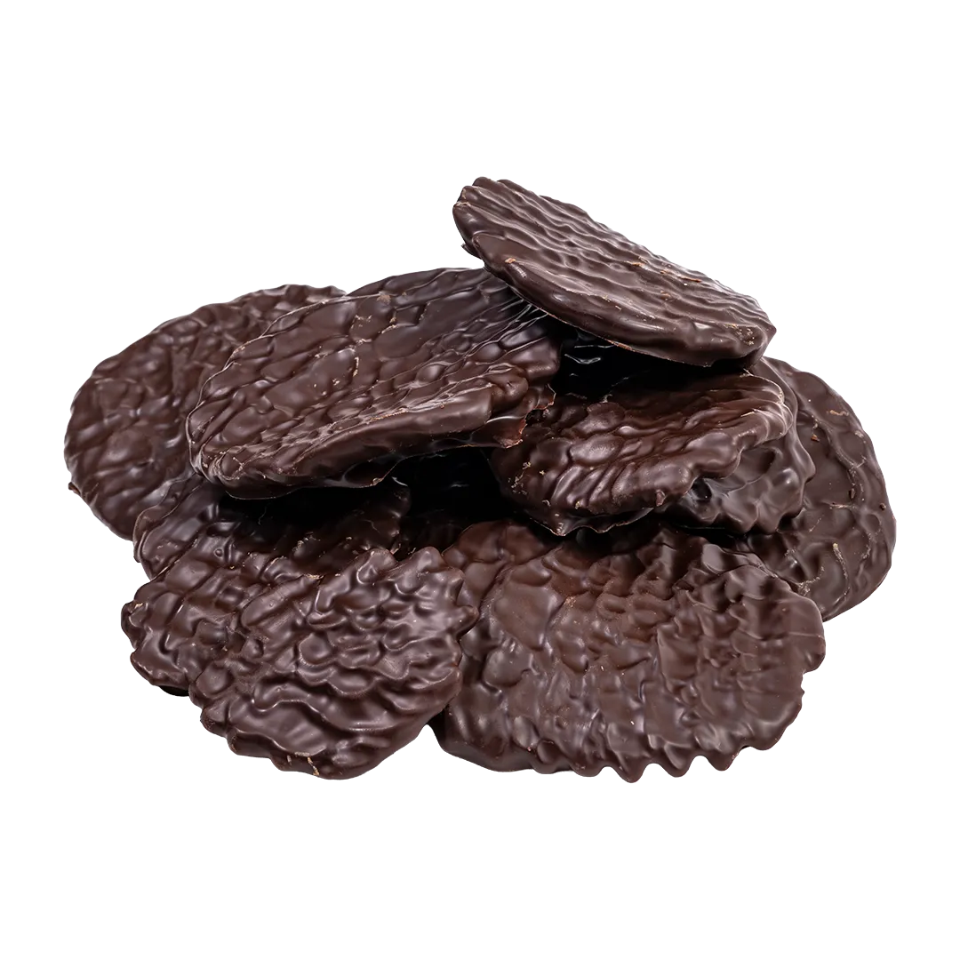 Bedré Fine Chocolate dark chocolate-dipped potato chips piled out of the bag