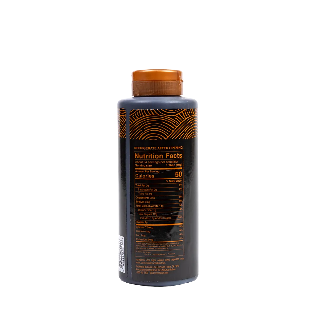 Bedré Fine Chocolate Dark Chocolate Premium Sauce bottle back with nutrition facts label