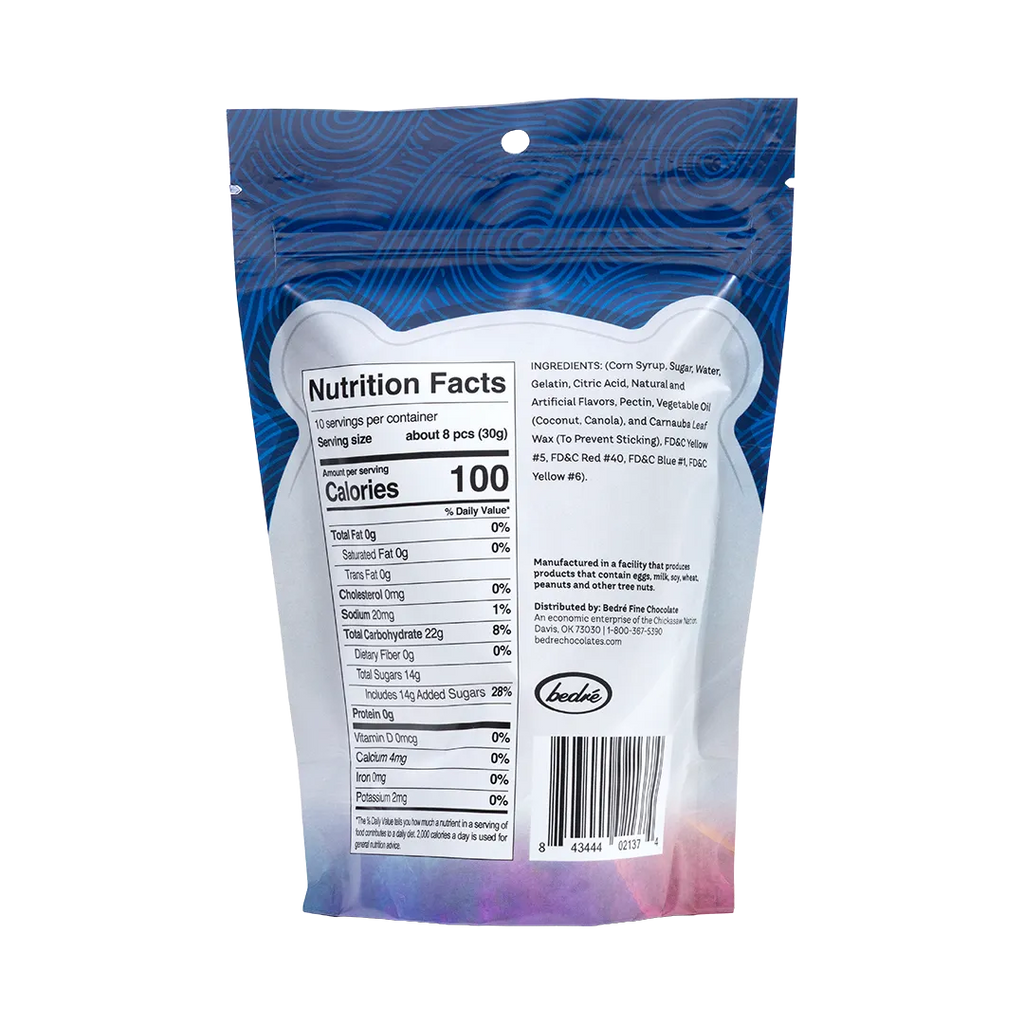 Back of Bedré Fine Chocolate Gummi Bears bag with nutrition facts