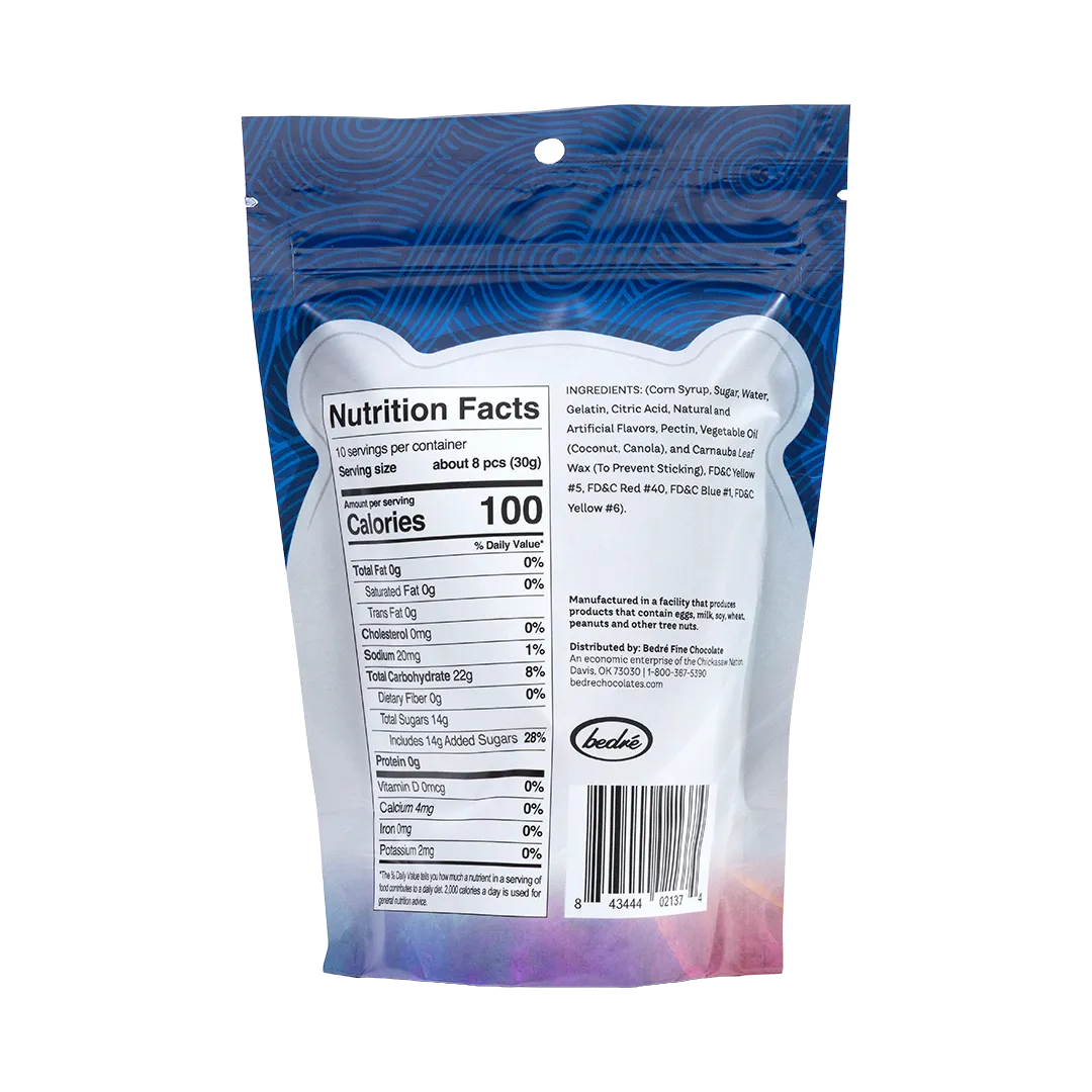Back of Bedré Fine Chocolate Gummi Bears bag with nutrition facts