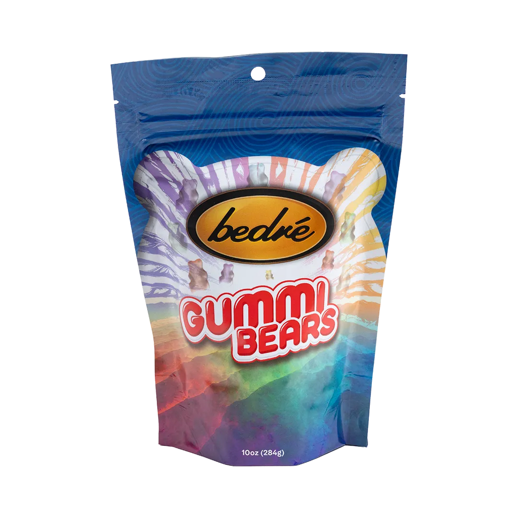 Bedré Fine Chocolate Gummi Bears bag, front label with colorful bear graphics