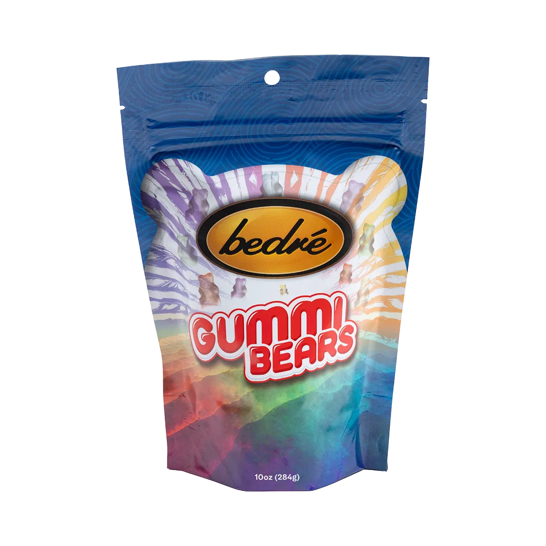 Bedré Fine Chocolate Gummi Bears bag, front label with colorful bear graphics