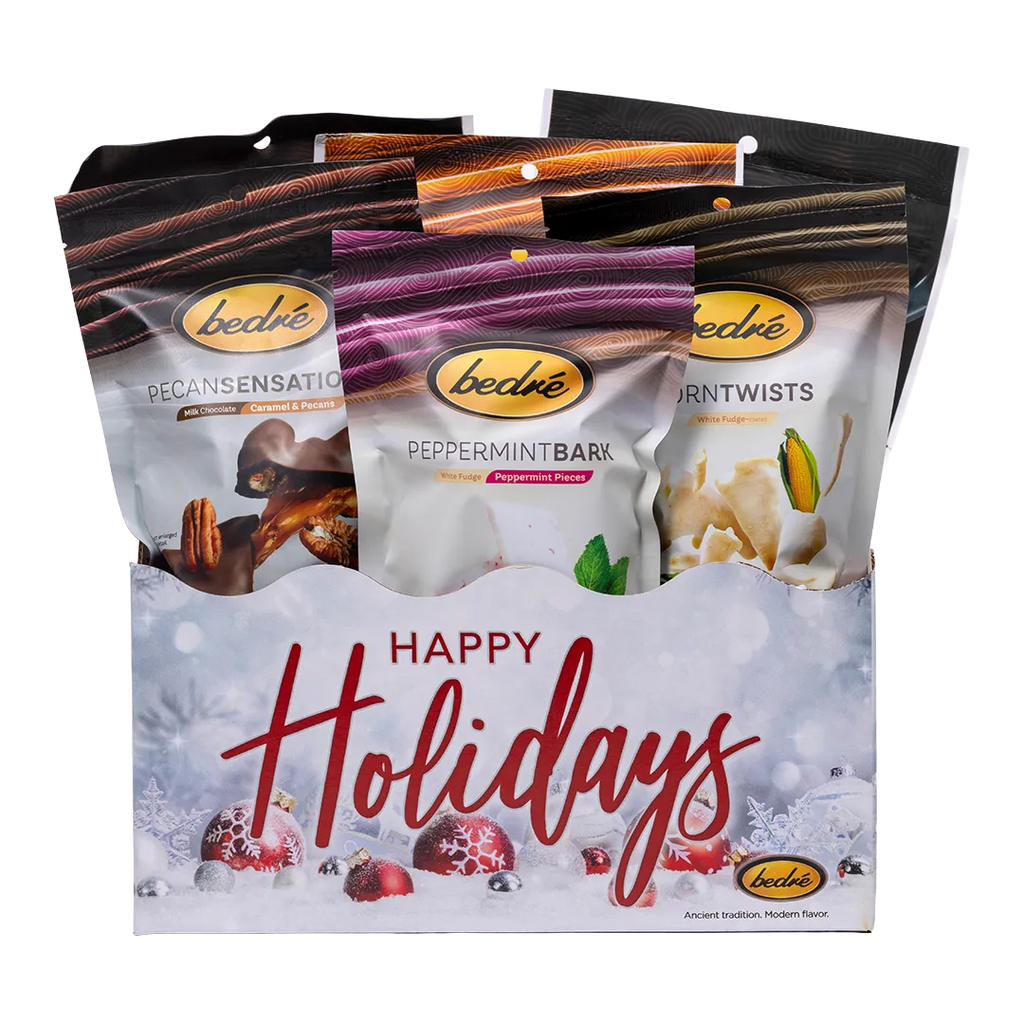 Bedré Fine Chocolate Happy Holidays Snow Gift Box, large, with Pecan Sensations, Peppermint Bark, and Corn Twists pouches
