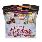 Bedré Fine Chocolate Happy Holidays Snow Gift Box, large, with Pecan Sensations, Peppermint Bark, and Corn Twists pouches