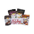 Happy Holidays snow-themed gift box with Bedré Pecan Sensations, Peppermint Bark, and Corn Twists pouches standing behind it, full white background margin on all sides