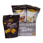 Bedré Fine Chocolate Happy Holidays Snowflake Gift Box styled with Milk Chocolate Dipped Potato Chips, Pecan Sensations, and Corn Twists