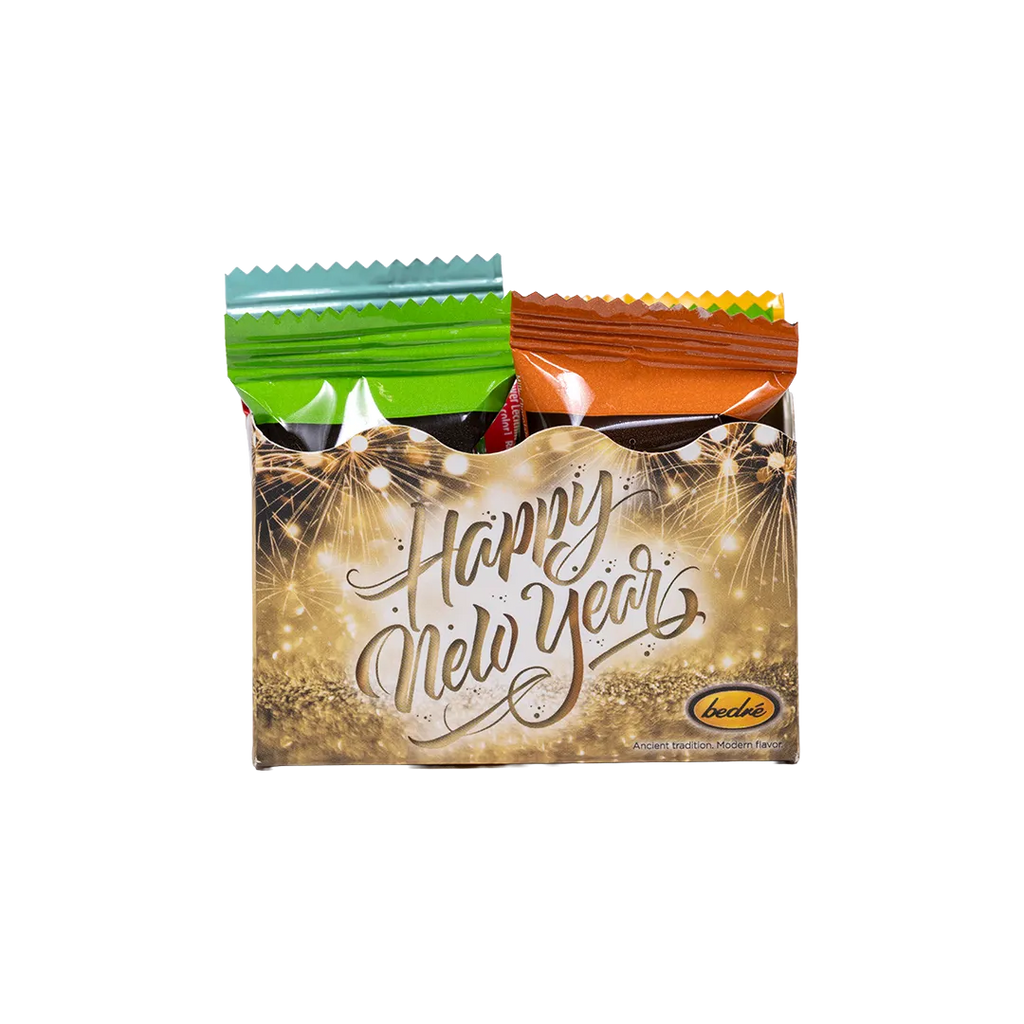 Bedré Fine Chocolate Happy New Year Gold Mini Gift Box holding wrapped meltaway chocolates