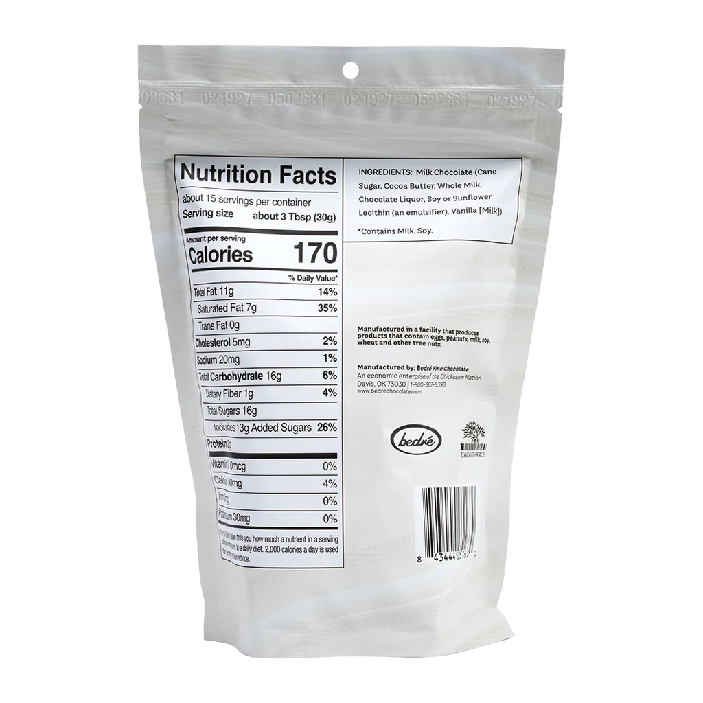 Bedré Fine Chocolate Milk Chocolate Melting Wafers package back with nutrition facts and ingredients