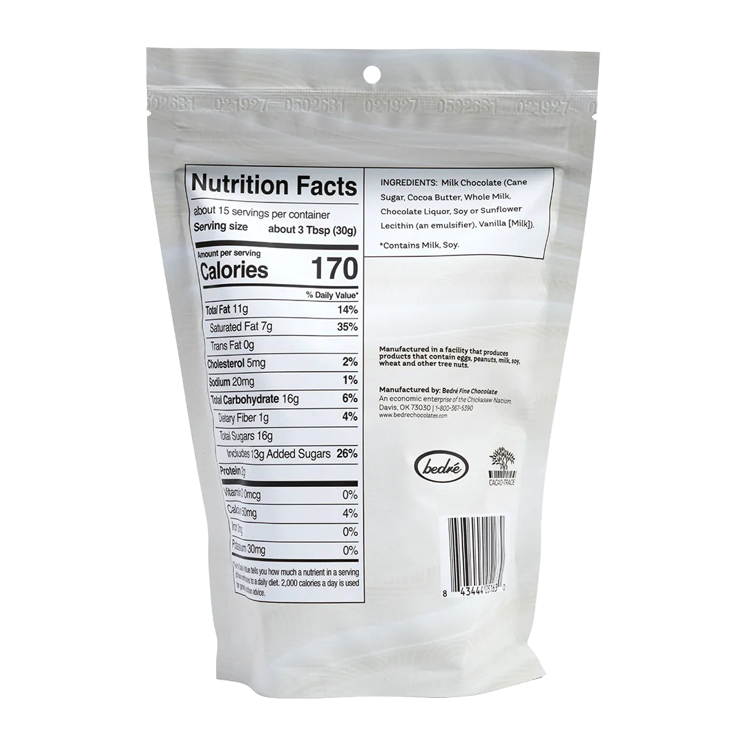 Bedré Fine Chocolate Milk Chocolate Melting Wafers package back with nutrition facts and ingredients
