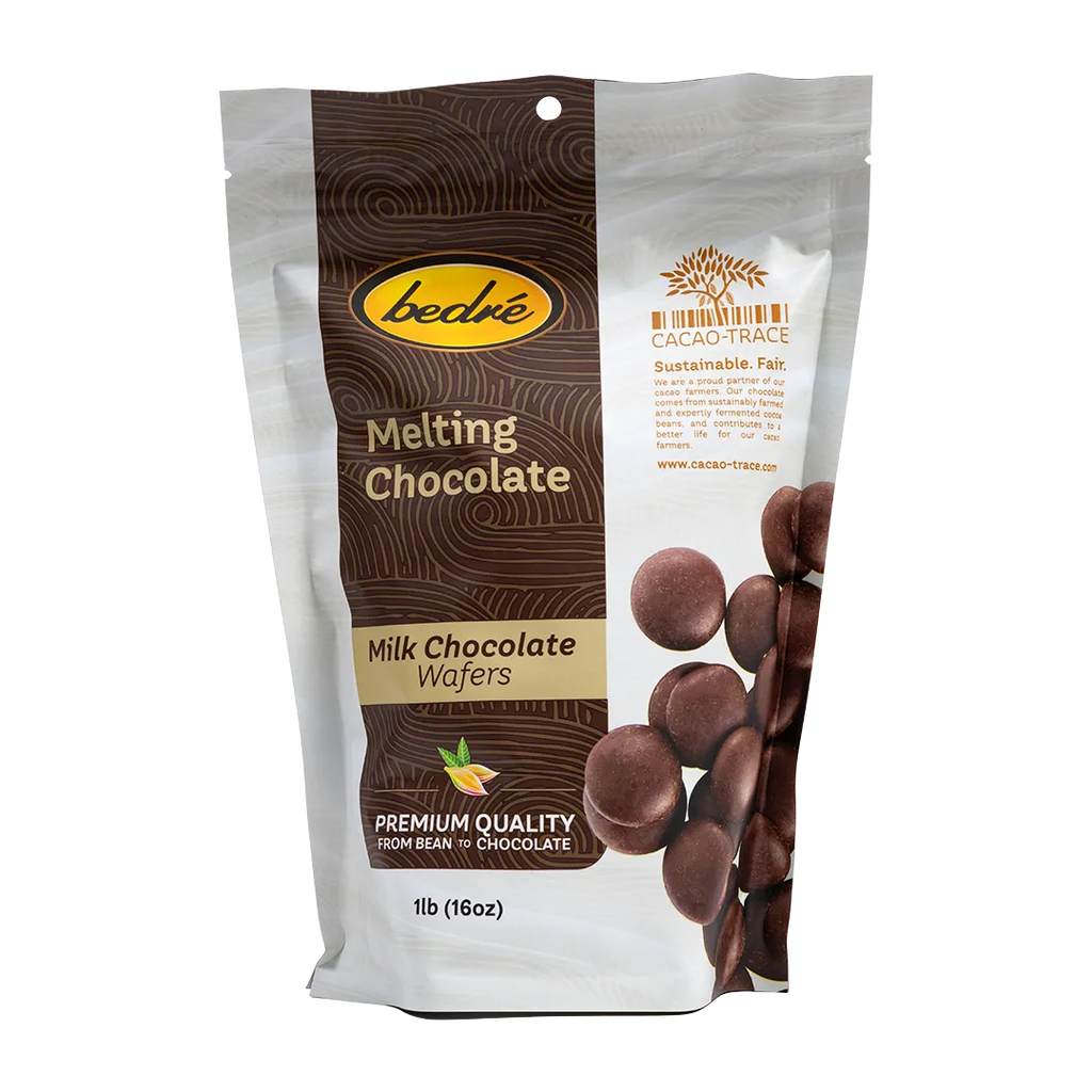 Bedré Fine Chocolate Melting Chocolate Milk Chocolate Wafers, front of resealable 1lb package