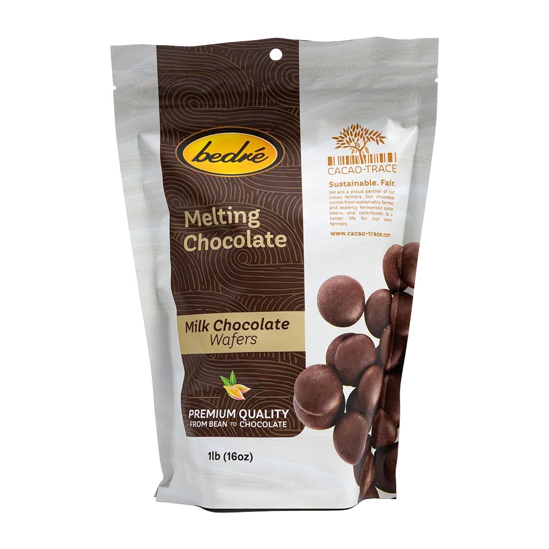 Bedré Fine Chocolate Melting Chocolate Milk Chocolate Wafers, front of resealable 1lb package