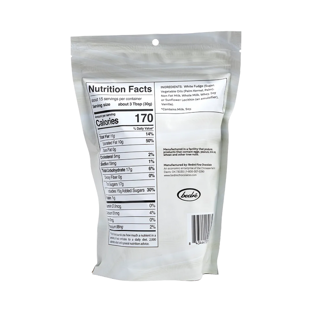 Bedré Fine Chocolate White Fudge Wafers package back with nutrition facts and ingredients