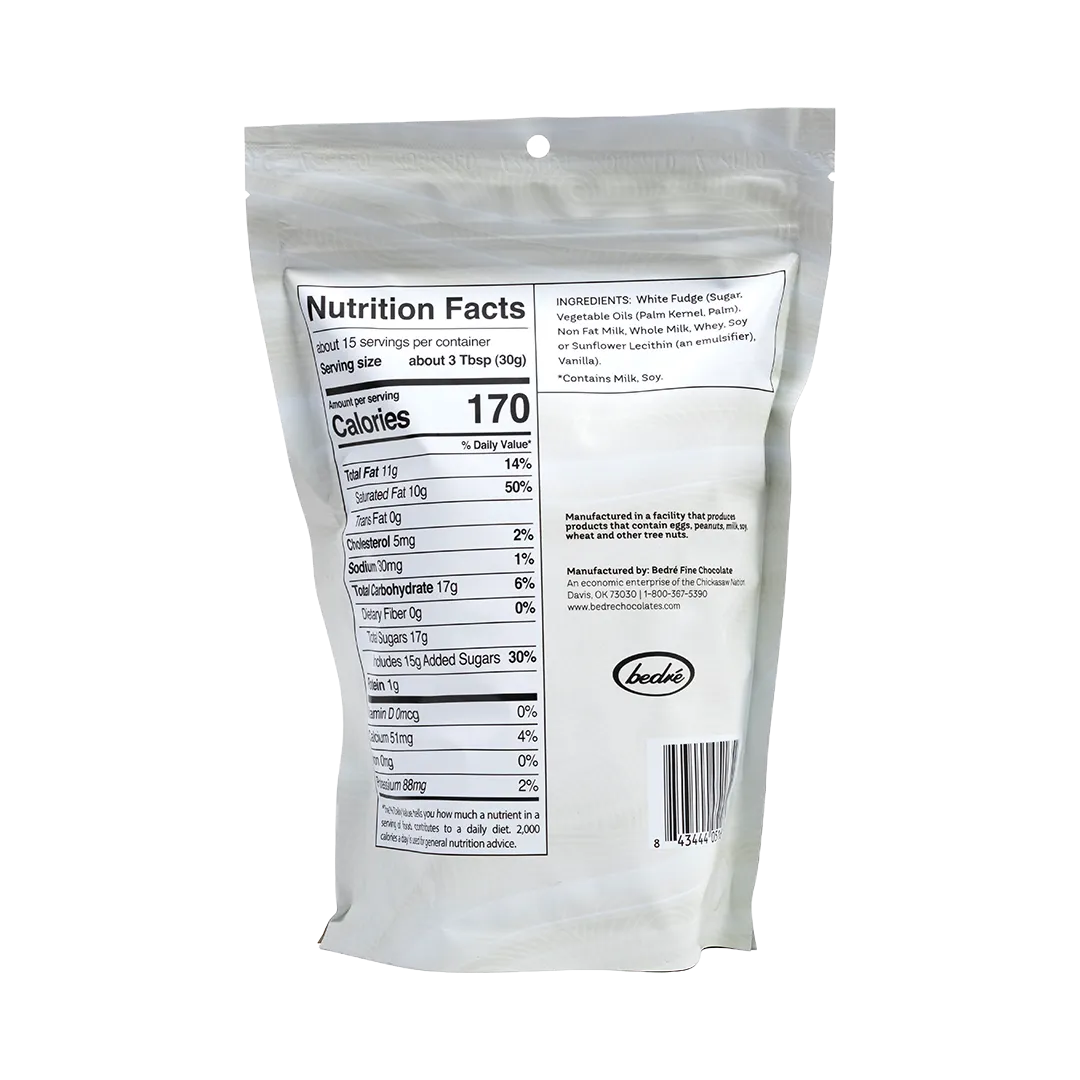 Bedré Fine Chocolate White Fudge Wafers package back with nutrition facts and ingredients
