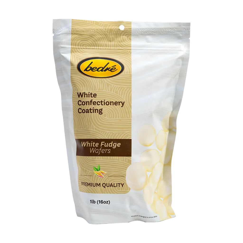 Bedré Fine Chocolate White Confectionery Coating White Fudge Wafers, front of resealable 1lb package