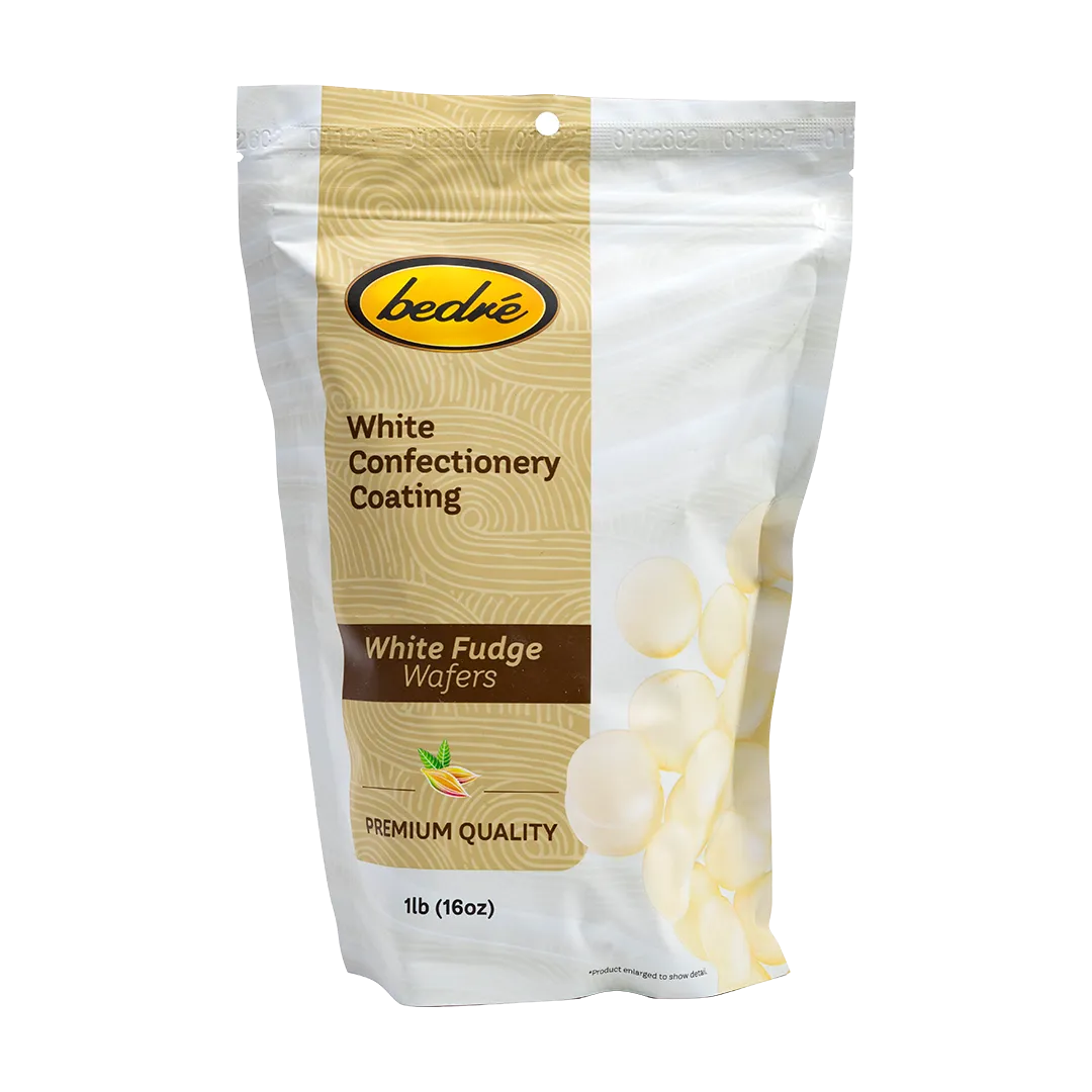 Bedré Fine Chocolate White Confectionery Coating White Fudge Wafers, front of resealable 1lb package