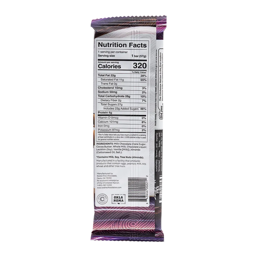 Back of Bedré Fine Chocolate Milk Chocolate Almond Bar showing nutrition facts