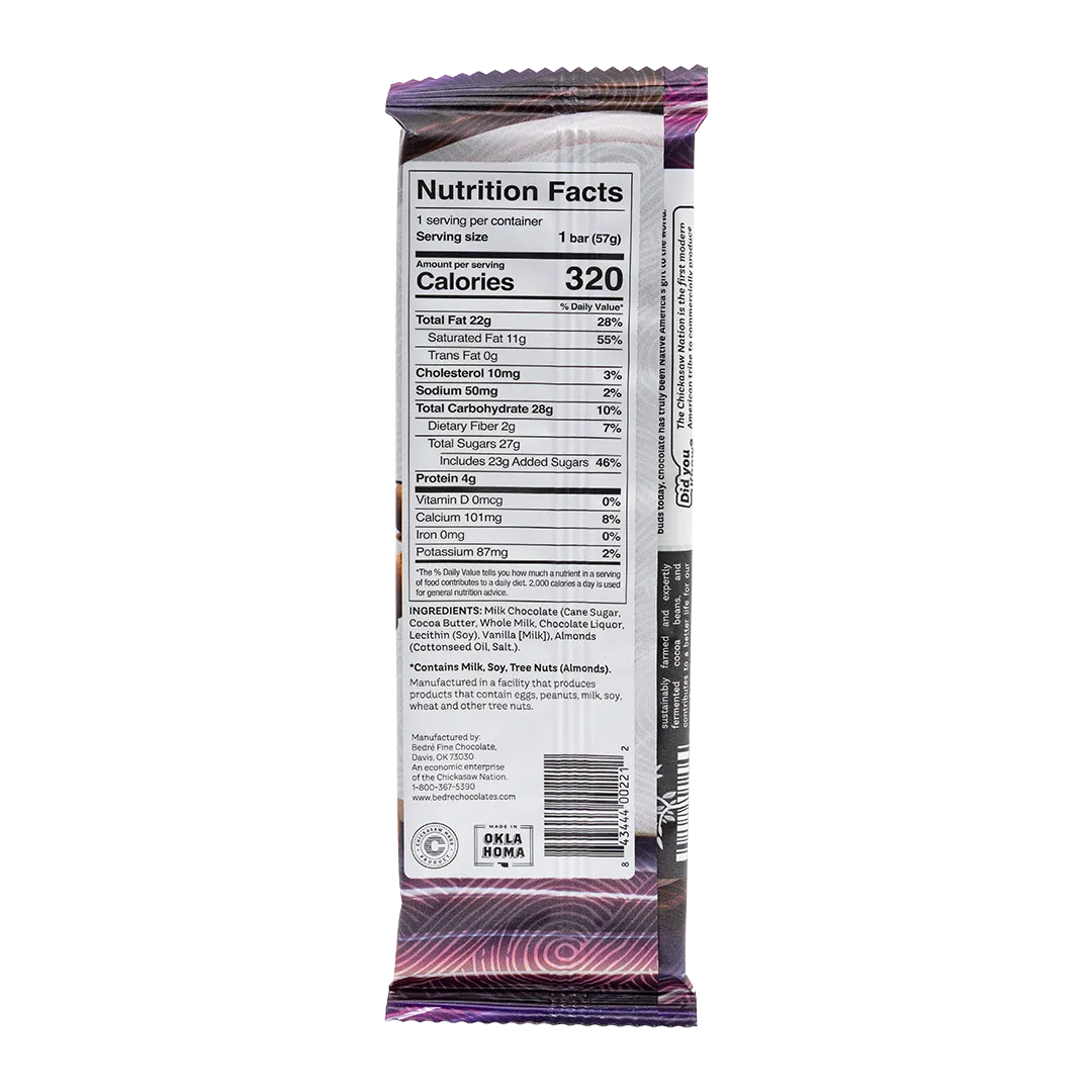 Back of Bedré Fine Chocolate Milk Chocolate Almond Bar showing nutrition facts
